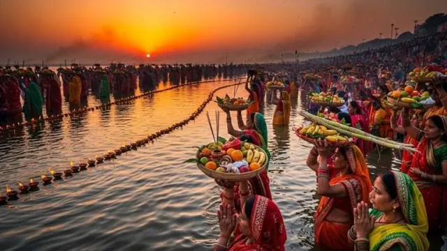 संध्या अर्घ्य के समय नदी में खड़ी व्रती और किनारे जलते दीये। (सांकेतिक तस्वीर)